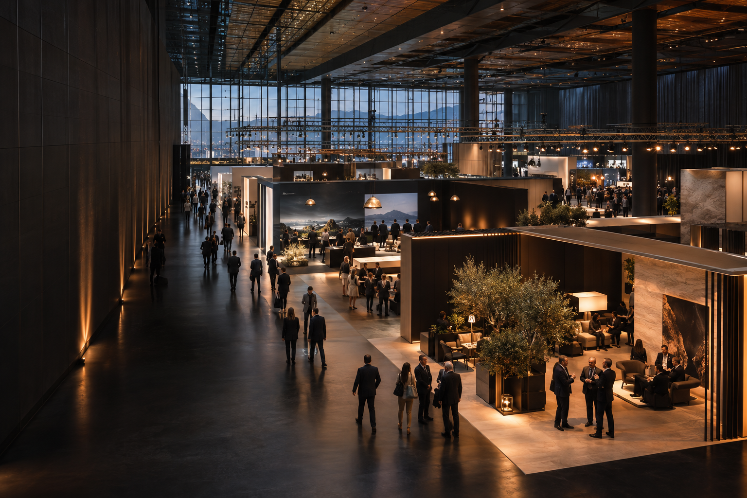 Business delegates in a dramatically lit international exhibition hall